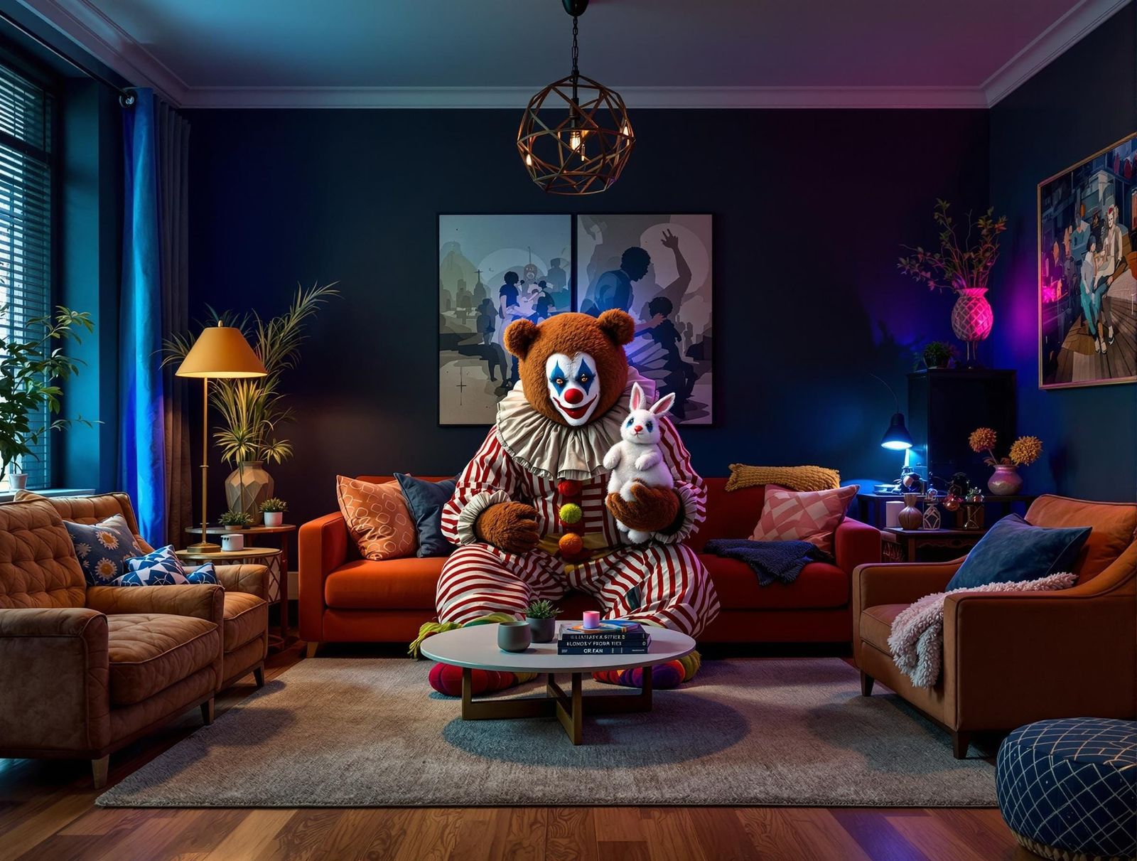 Eclectic Boho Living Room Scene with Unconventional Central...