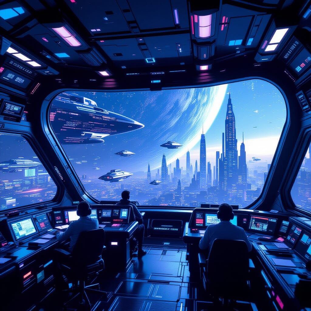Vibrant Spaceship Interior with Futuristic Cityscape