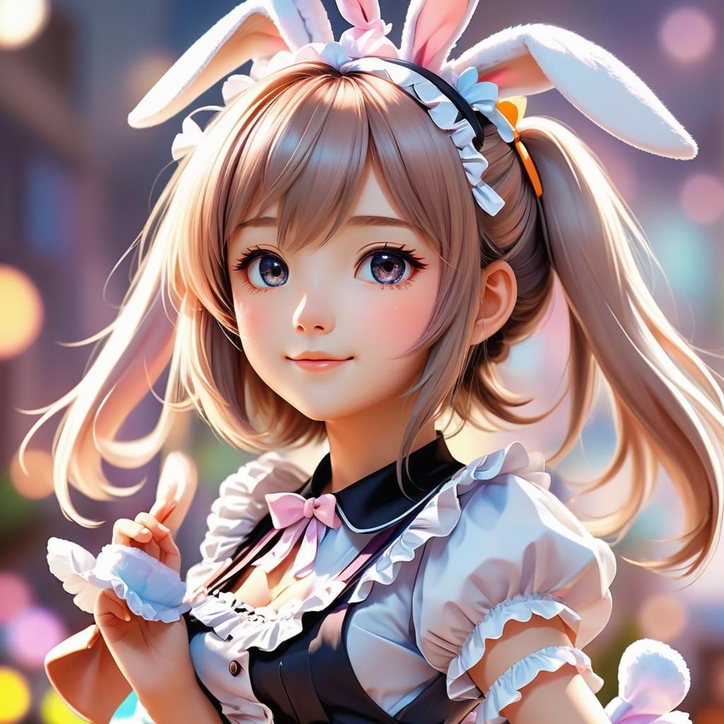 Anime Maid with Bunny Ears Digital Illustration