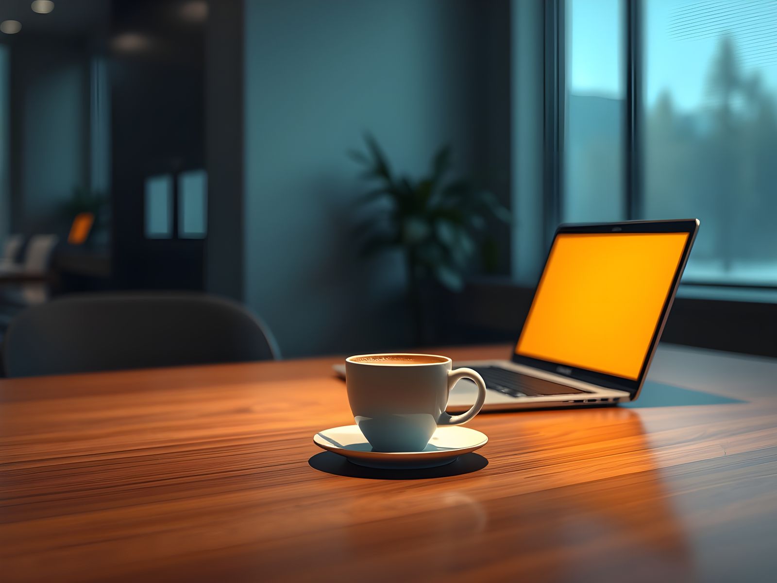 Hyperrealistic Coffee Cup and Laptop in Clean Office