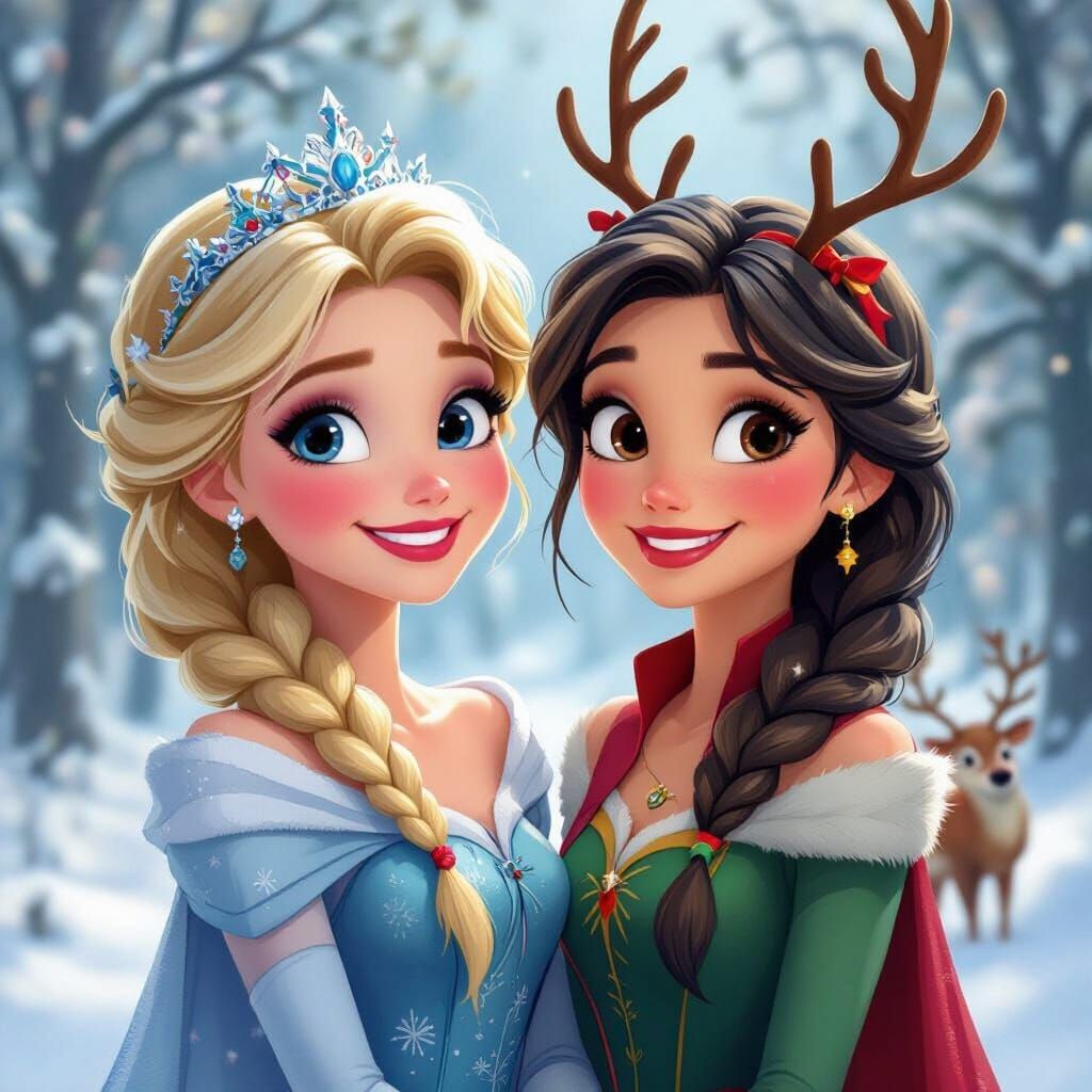 Two Princesses with Reindeer in Snowy Forest