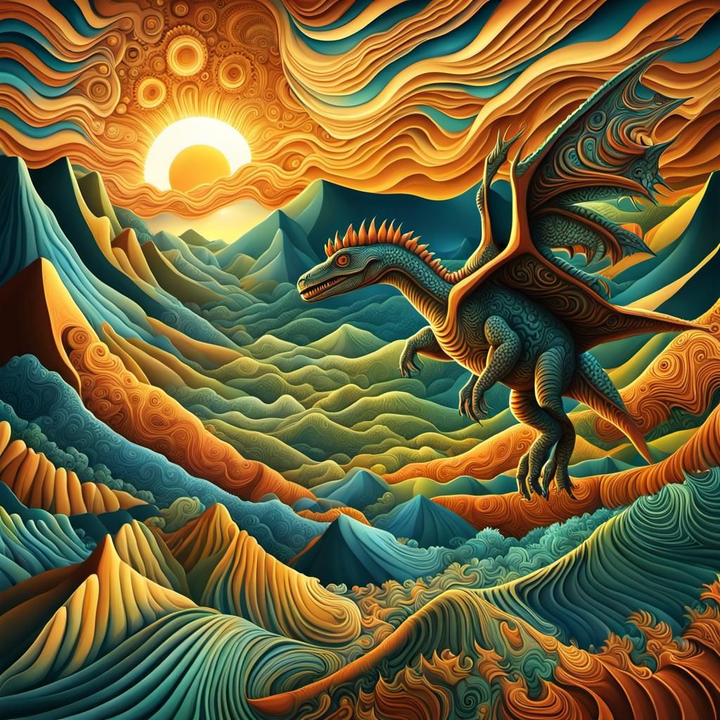 Pterodactyl Flight Over Prehistoric Valley at Sunrise