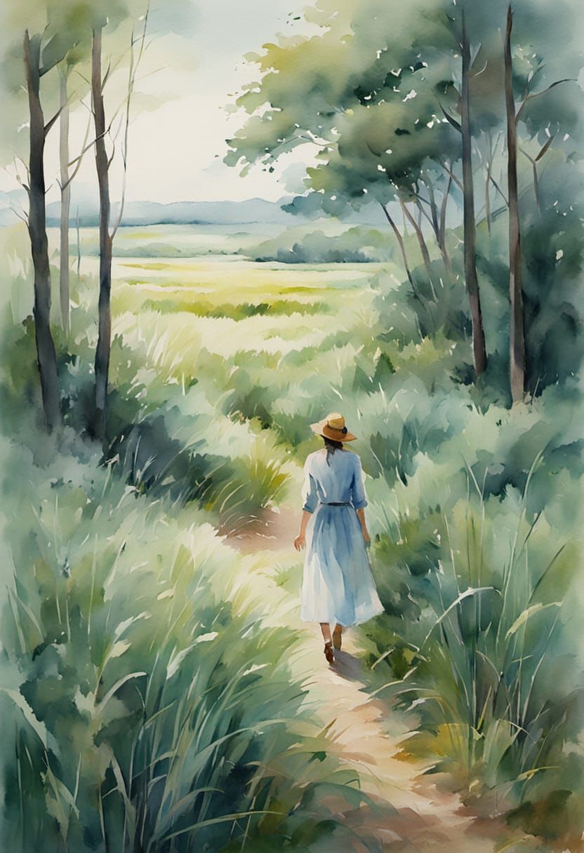 Tranquil Watercolor of Figure in Tall Grass Field