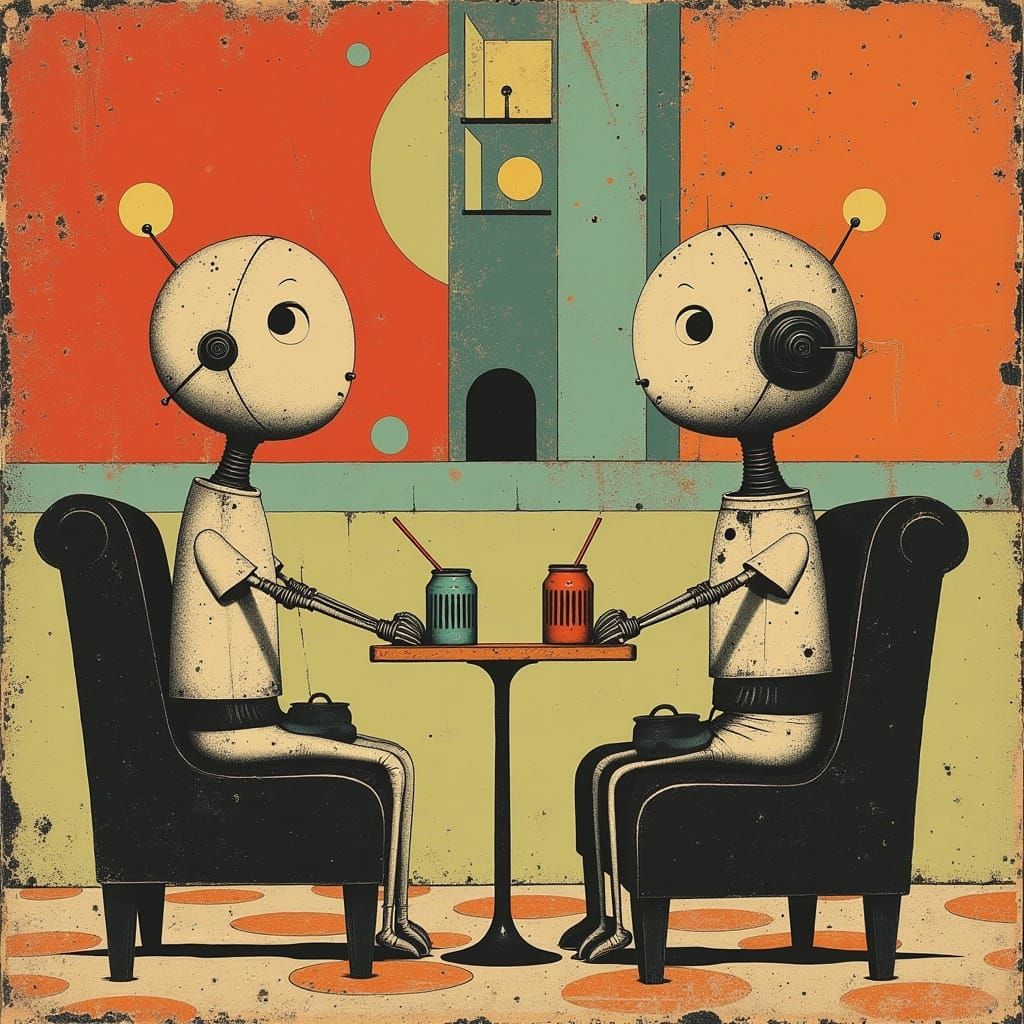 Ultra Cute Mid-Century Modern Robots Enjoy Oil Refreshments