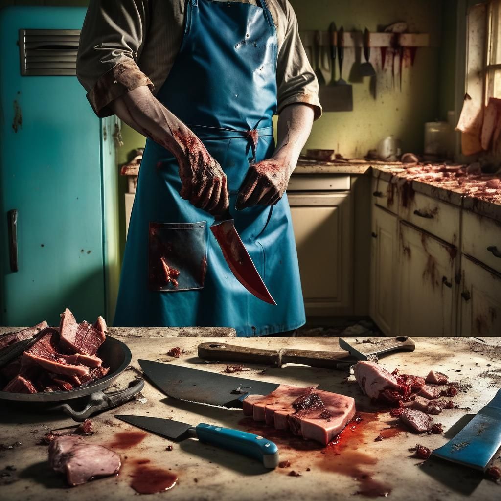 Surreal Butcher in Post-Apocalyptic Kitchen Scene