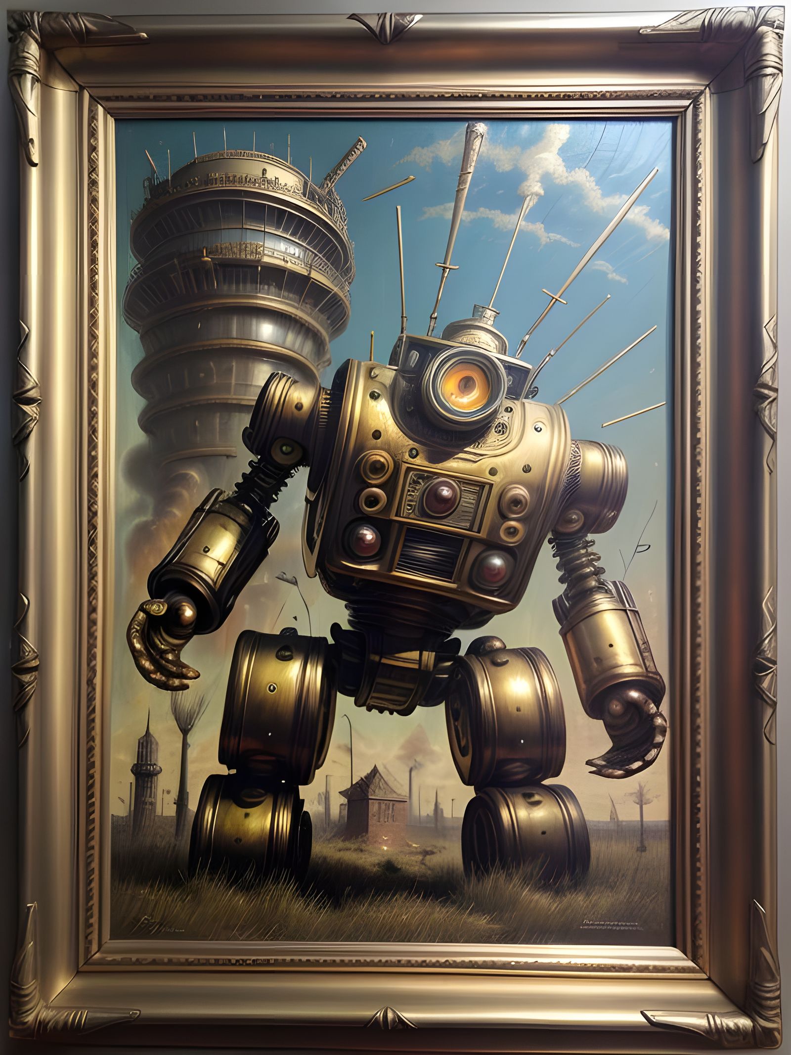 Steampunk Robot Extends Hand from Gilded Frame