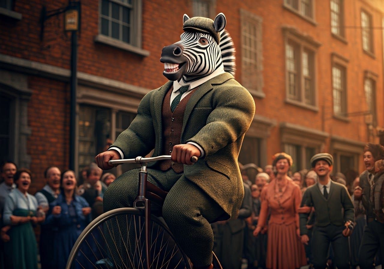 Anthropomorphic Zebra Man Rides Penny Farthing in Whimsical ...