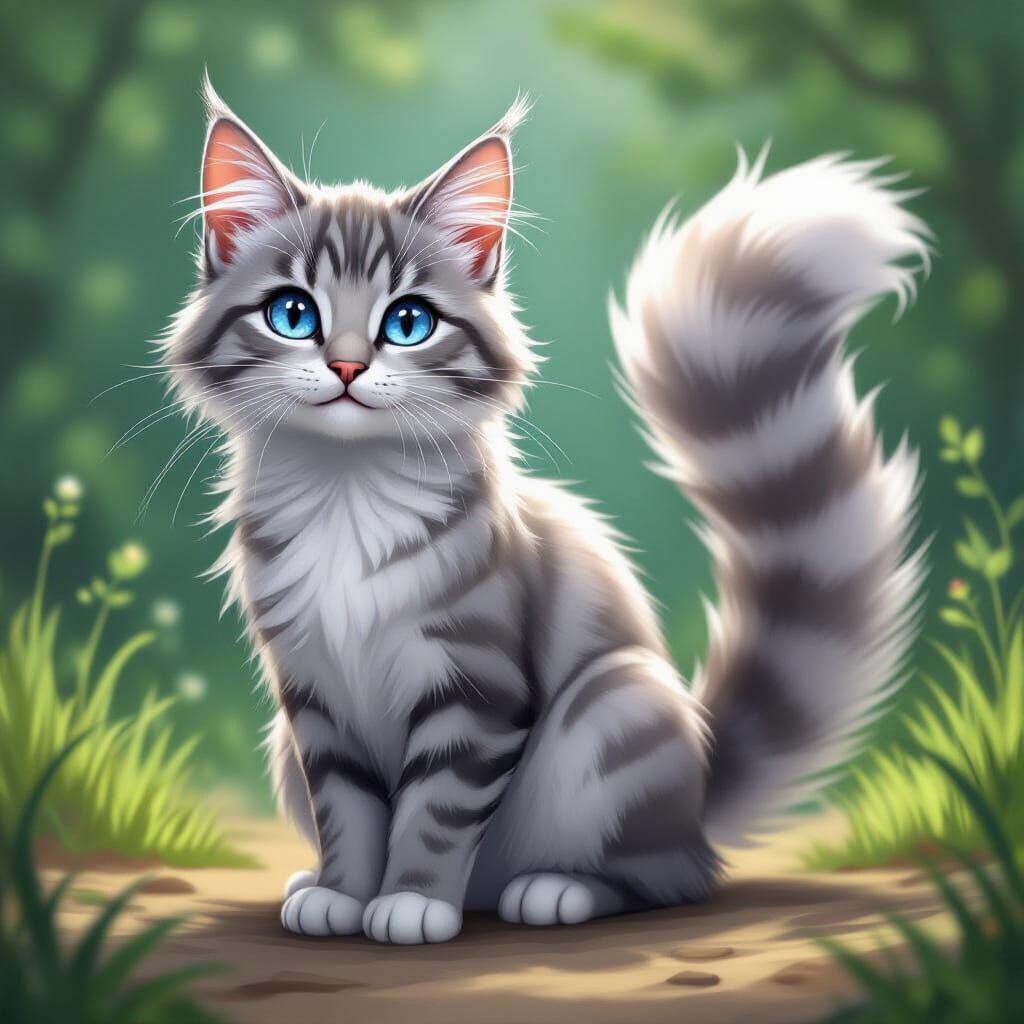 Silver Tabby Cat with Smoky Plumy Tail