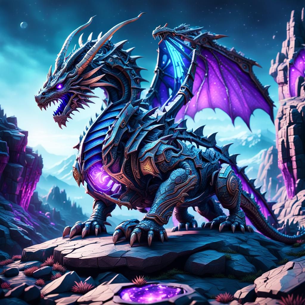 Mech Dragon on Outcrop in Sci-Fi Style