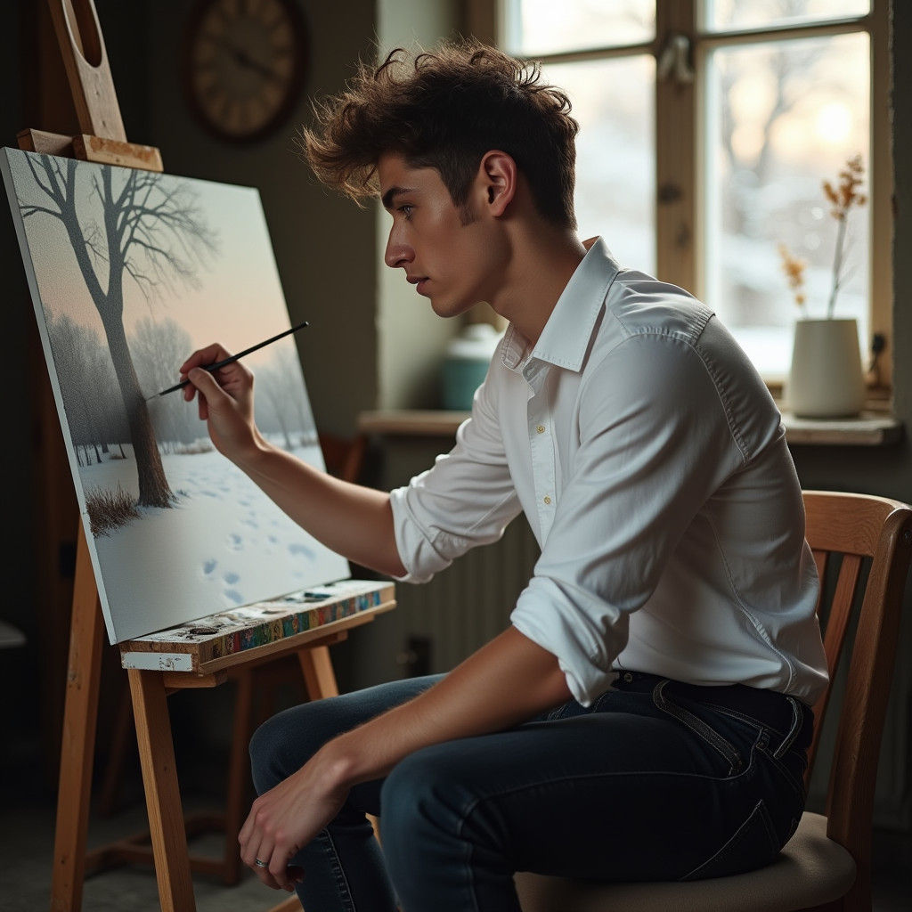 Confident Young Artist Paints Winter Landscape