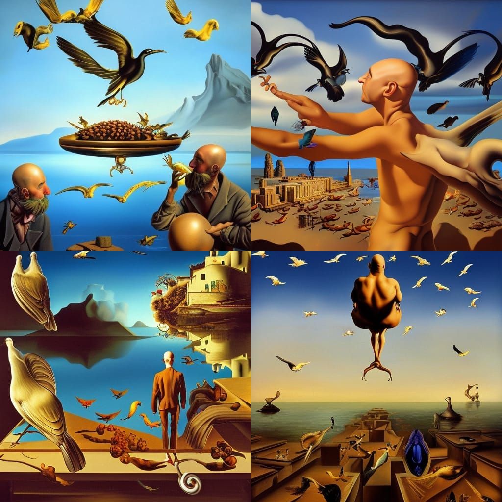 Bald Man Feeding Birds in Surrealist Style
