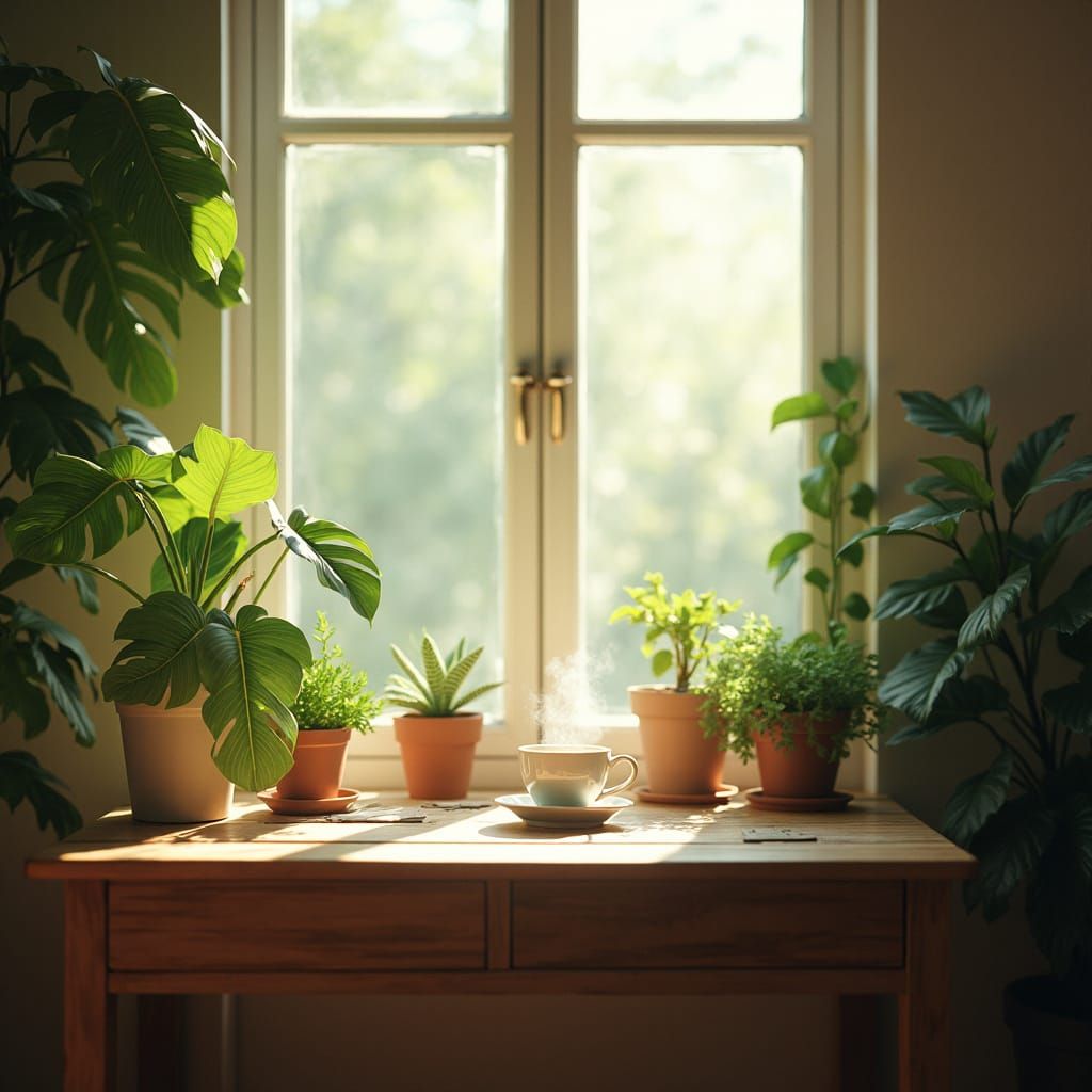 Cozy Minimalist Workspace with Natural Light and Plants