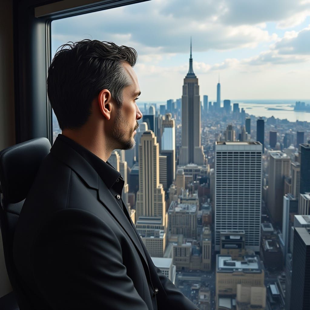 Man in Suit Overlooking City From Corner Office