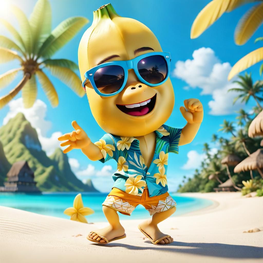 Cartoon Banana Character Dancing on Polynesian Beach