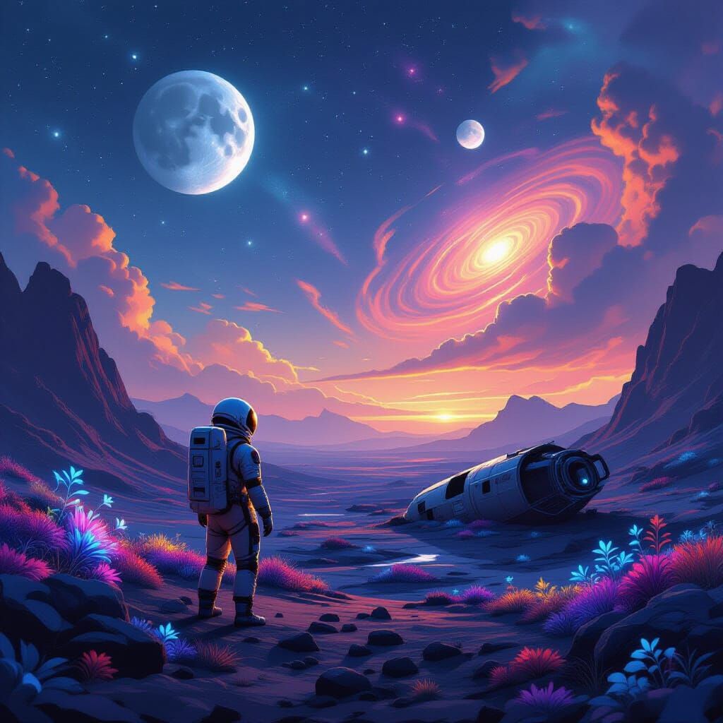 Astronaut on Alien Planet Under Twin Moons