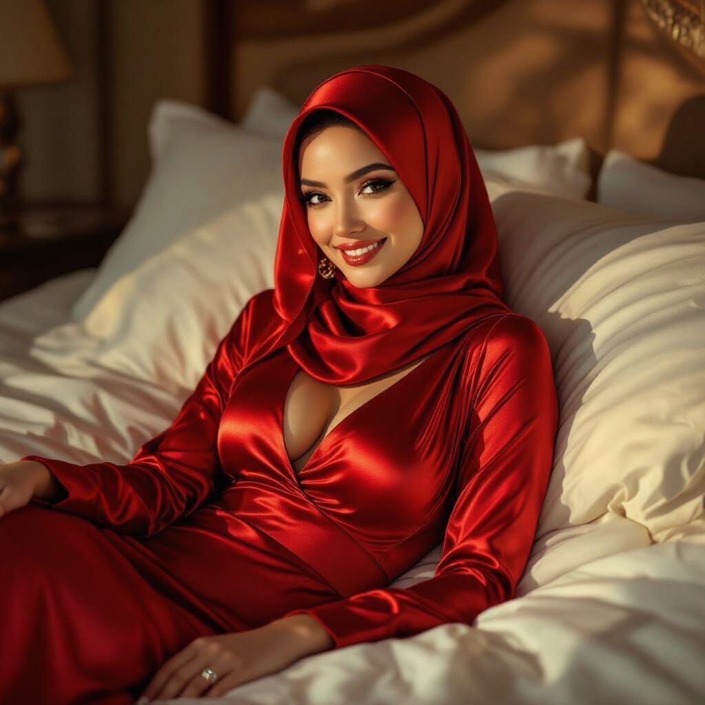 Malaysian Woman in Red Satin Dress on Bed