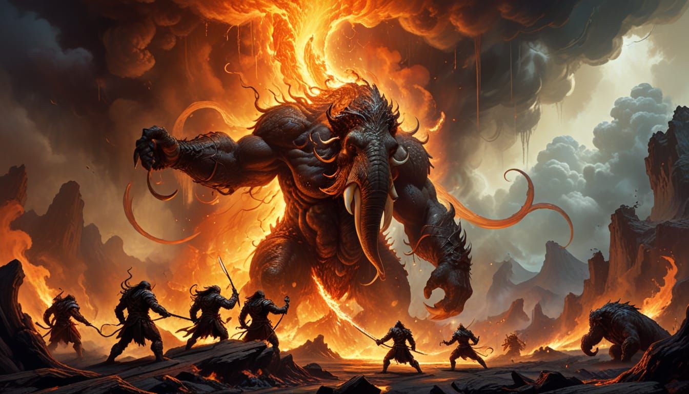 Epic Fantasy Mage Battles a Majestic Mammoth in a Vibrant Oi...