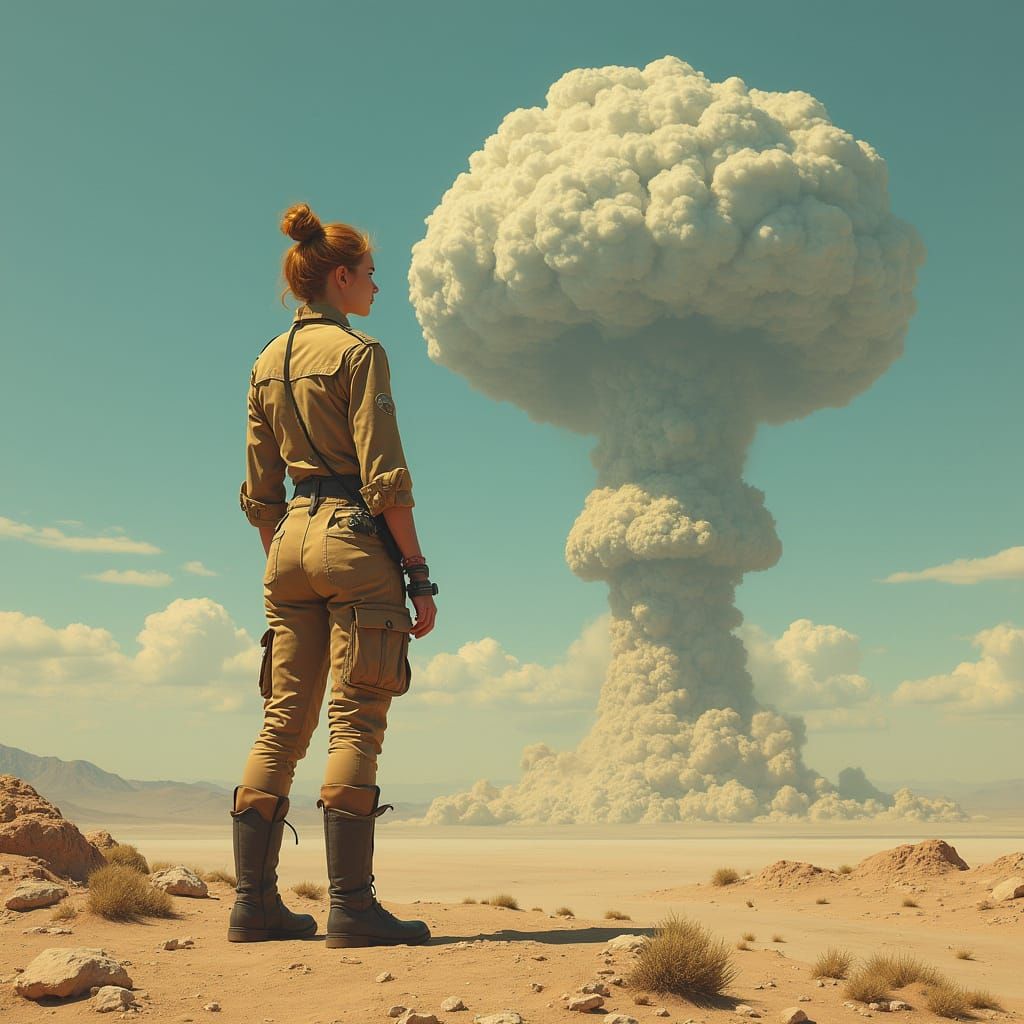 Woman Watches Nuclear Explosion in Dystopian Landscape