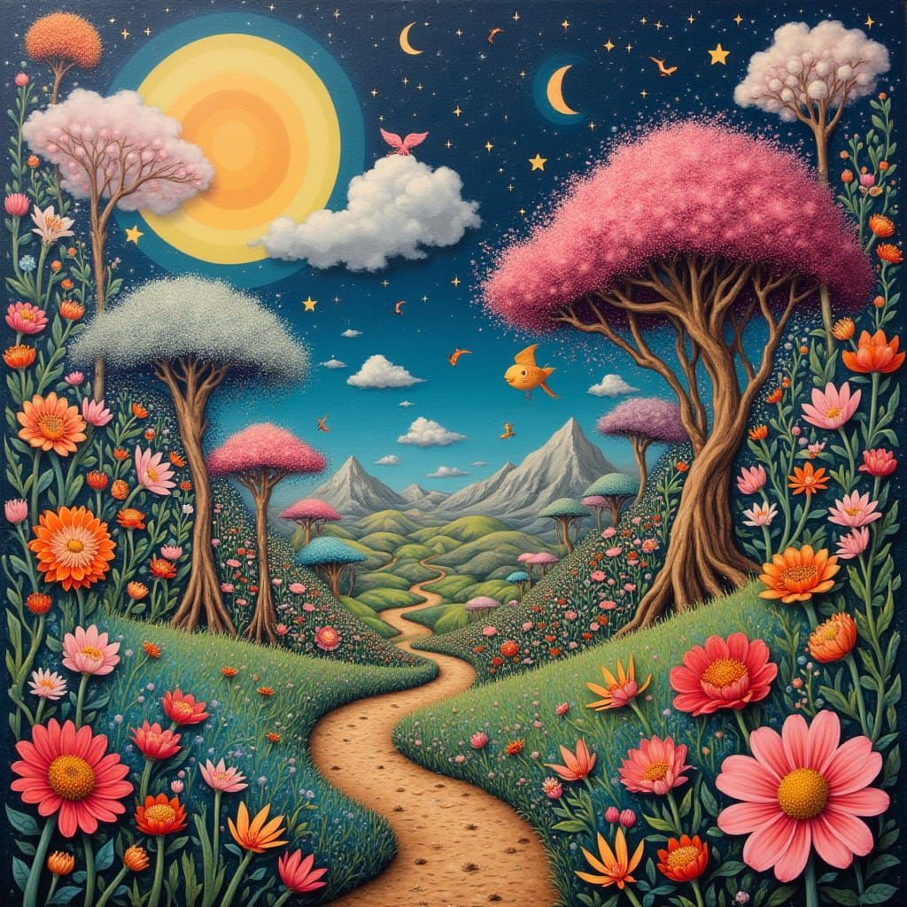 Vibrant Pop Surrealist Landscape in Gouache Style