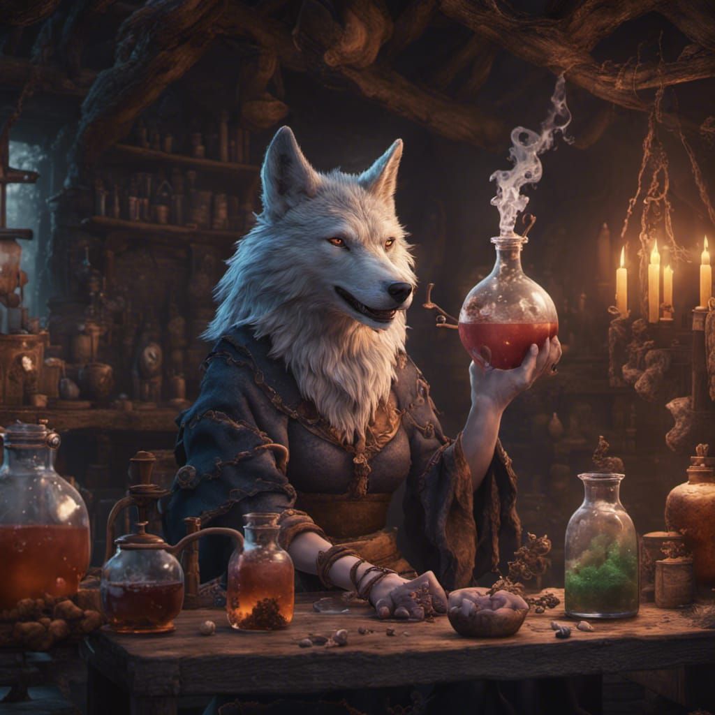 Wolf Witch Brewing Potion, Fantasy Concept Art