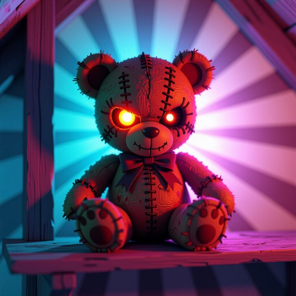 Sinister Teddy Bear in Dusty Attic | Dark Fantasy Art