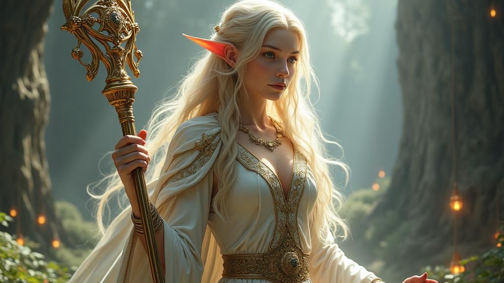 Elven Wizard with Golden Hair in Fantasy Landscape