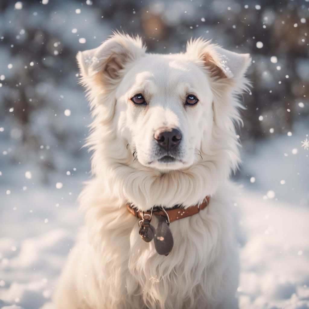 Creamy White Dog Sits in Snowy Winter Wonderland