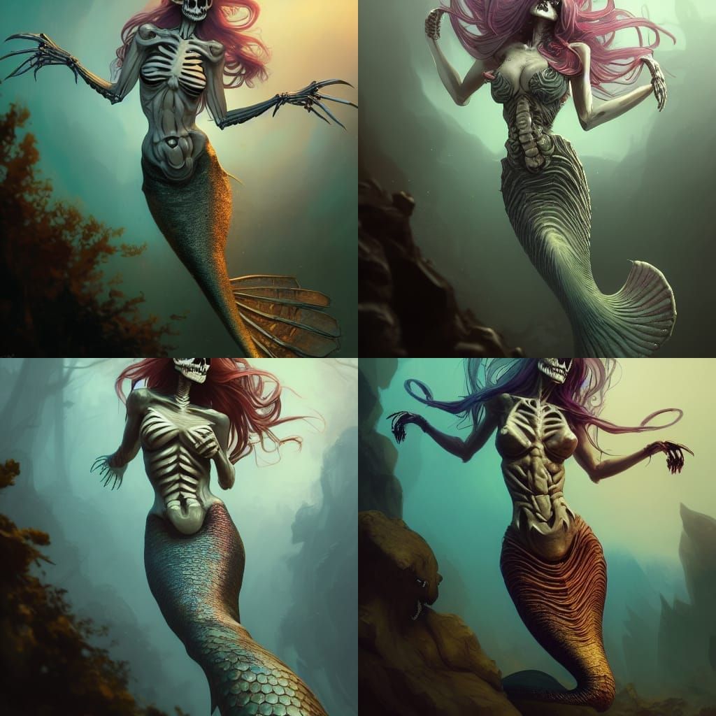 Scary Skeleton Mermaid Portrait in Dramatic Lighting
