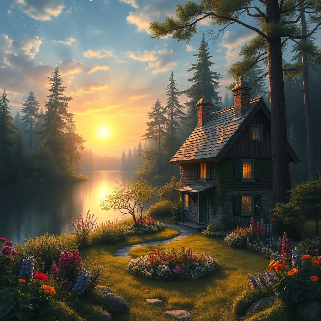 Idyllic Lakeside Cottage in Spring Landscape