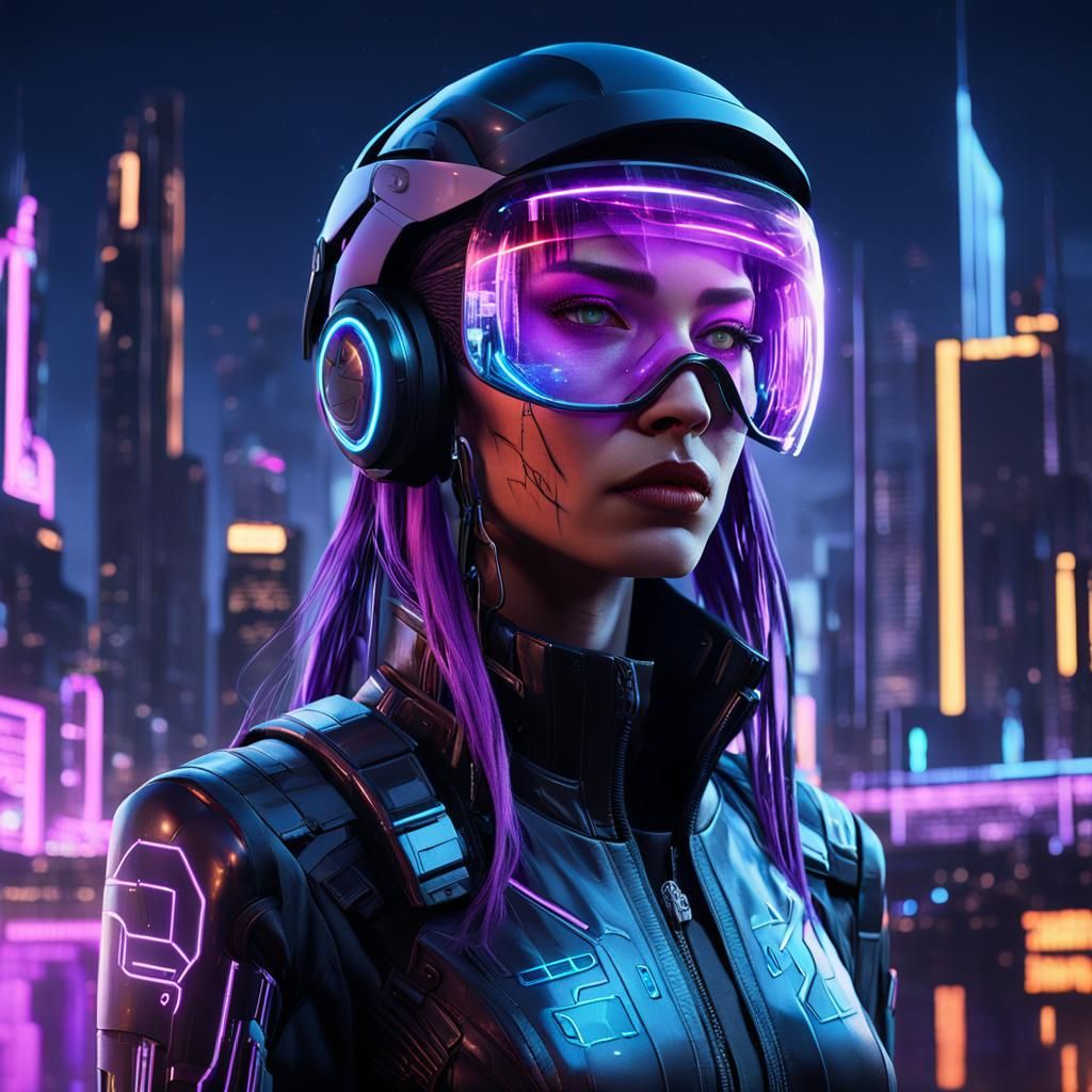 Cyberpunk Netrunner with Purple Hair in Neon Cityscape