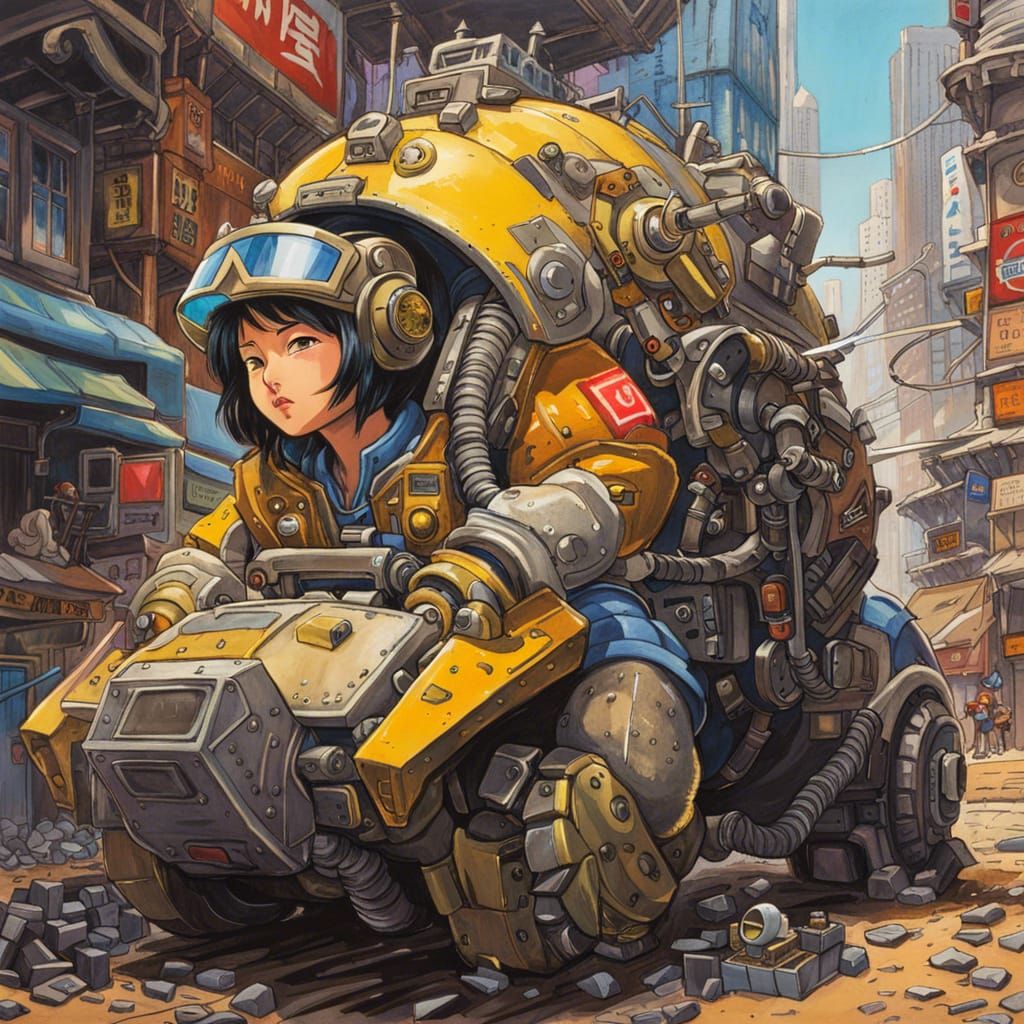 Chubby Asian Pilot in Post-Cyberpunk Mech