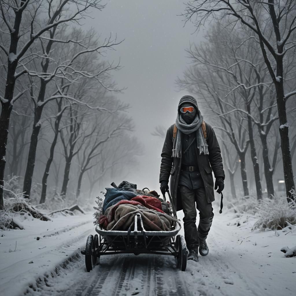 Frozen Wasteland Survivor Drags Sled Through Desolate Blizza...