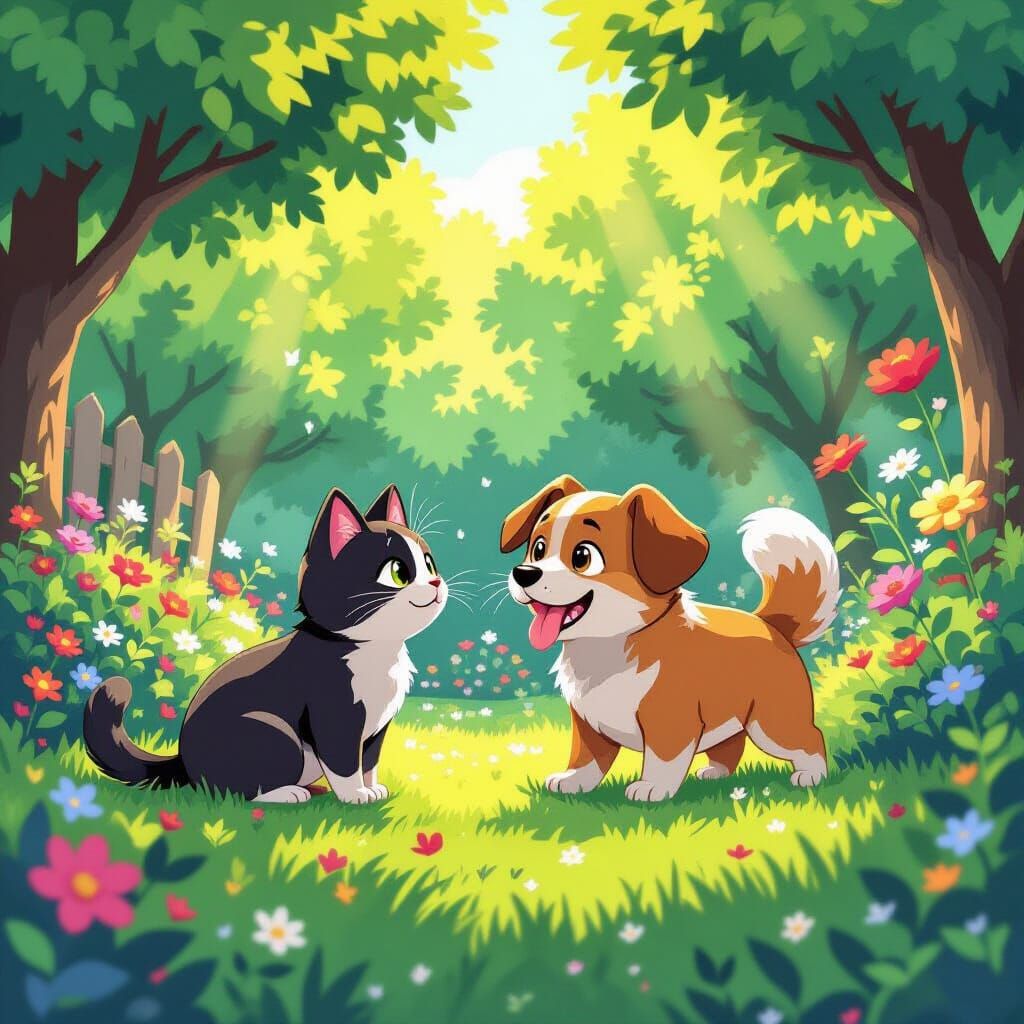 Cat and Dog Play in Lush Garden, Manga Style