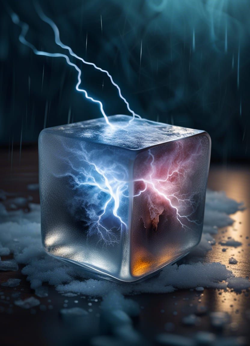 Lightning Frozen in Ice Cube: Photorealistic Digital Art