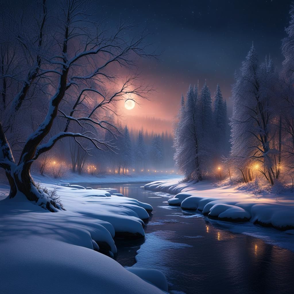 Mysterious Calm: Winter Riverscape at Night