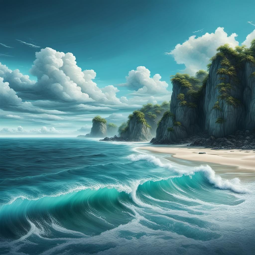 Rough coast with a little white beach, teal water, blue sky, uninhabited