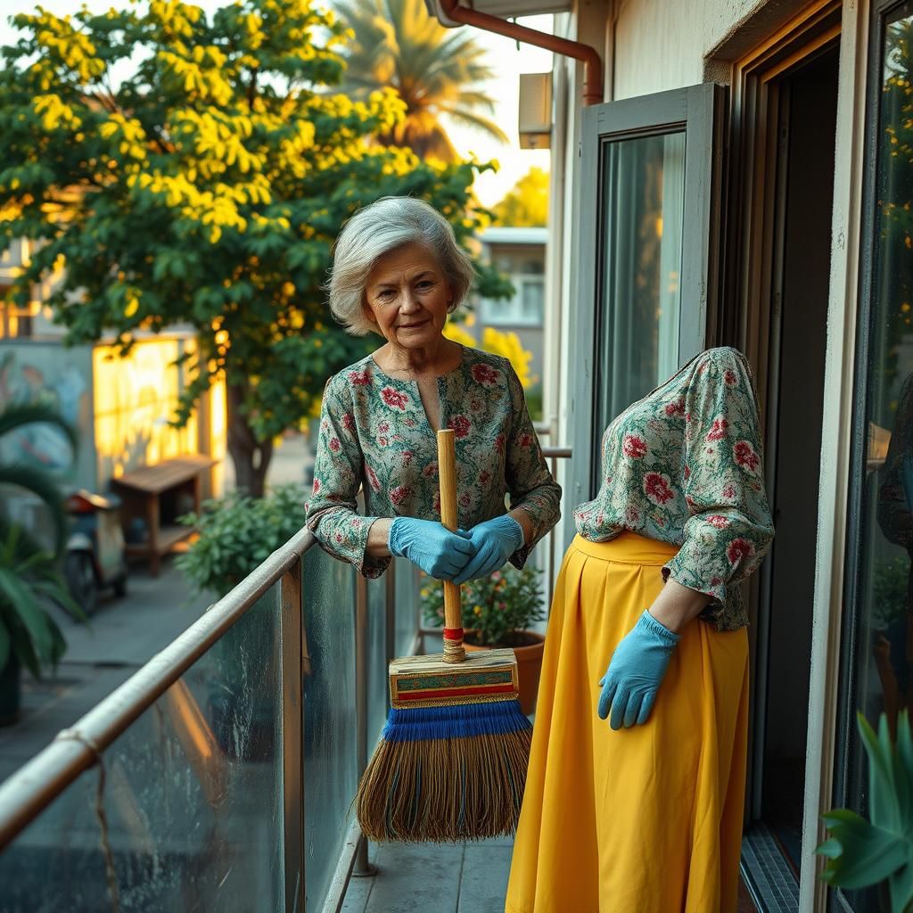 Woman Sweeping on Balcony in Hyperrealistic Style