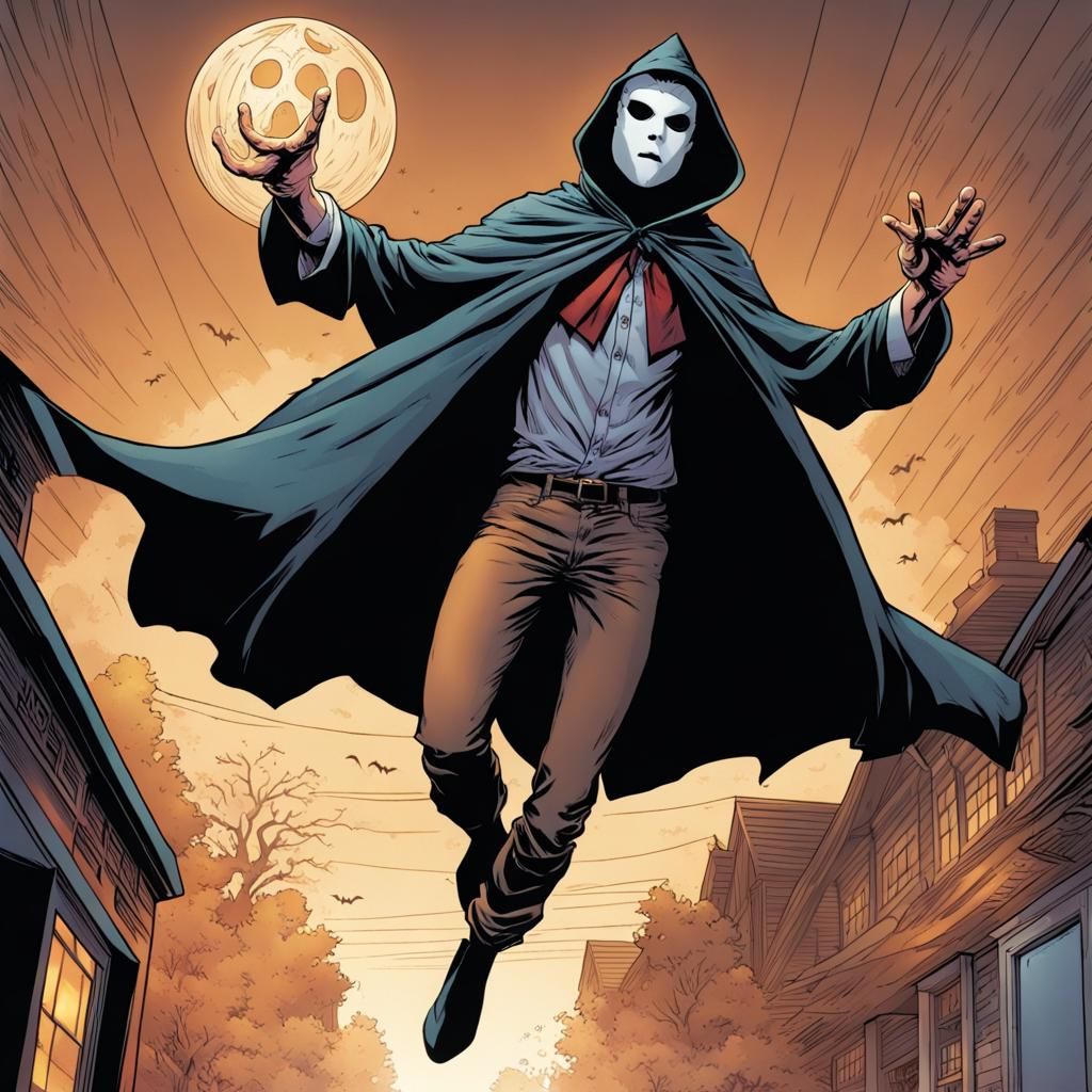 Levitating Student in Halloween Mask, Comic Book Art