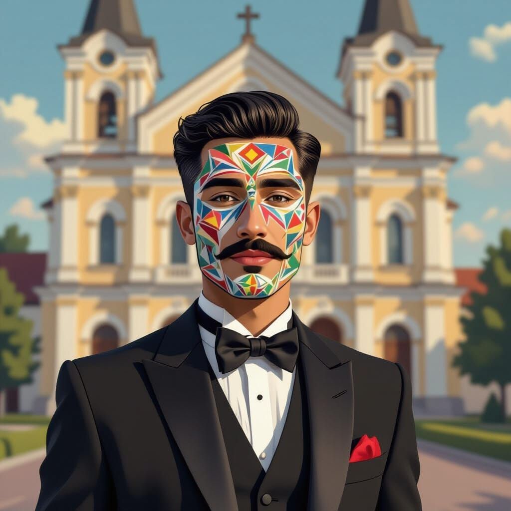 Tata Usteng Portrait with Geometric WPAP-Style Patterns