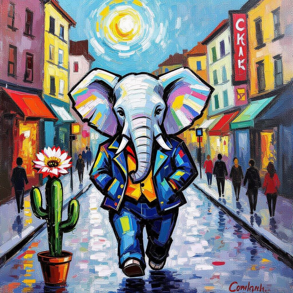 Elephant in Street Art Jacket Navigates City in Impasto Styl...