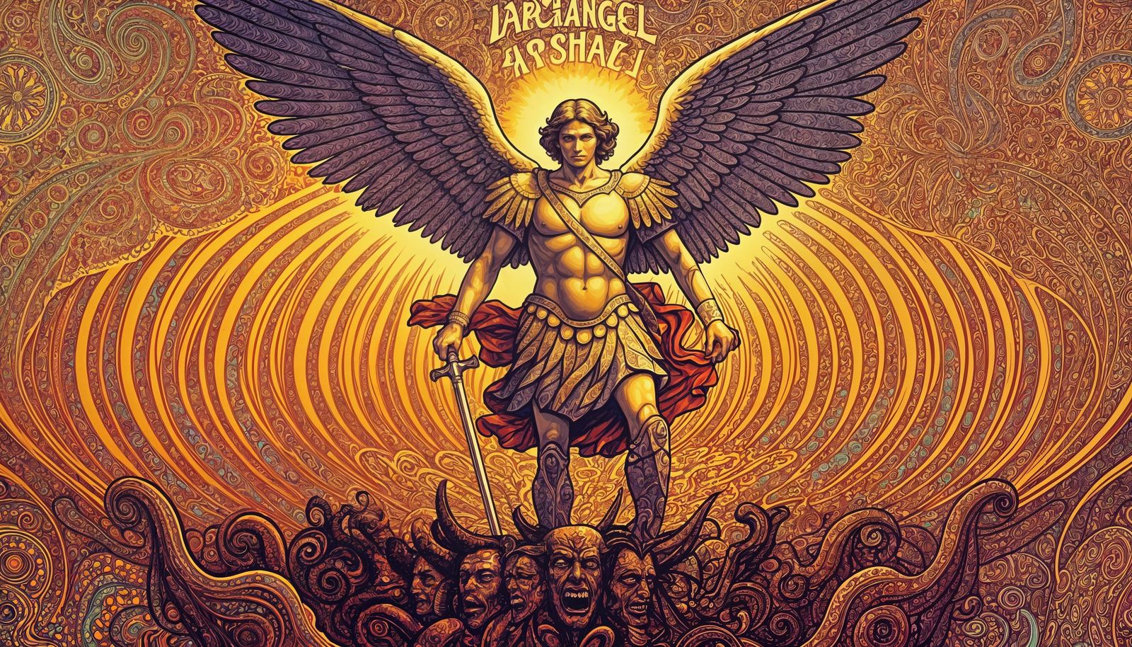 Archangel Michael Defeats Satan in Psychedelic 60s Art Style