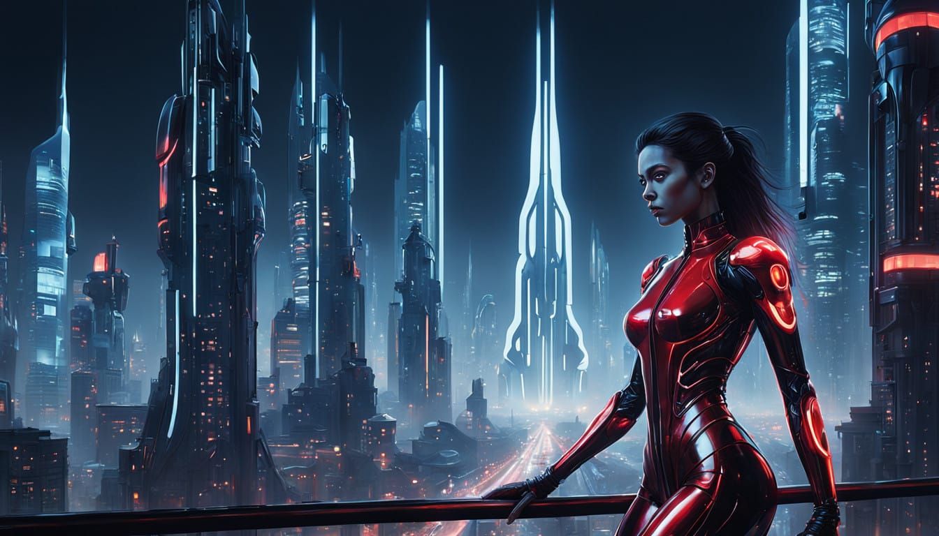 Cyberpunk Goddess Surveys Futuristic Metropolis