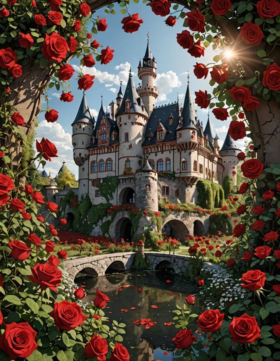 Fairy-Tale Castle with Red Roses: A Magical Fantasy