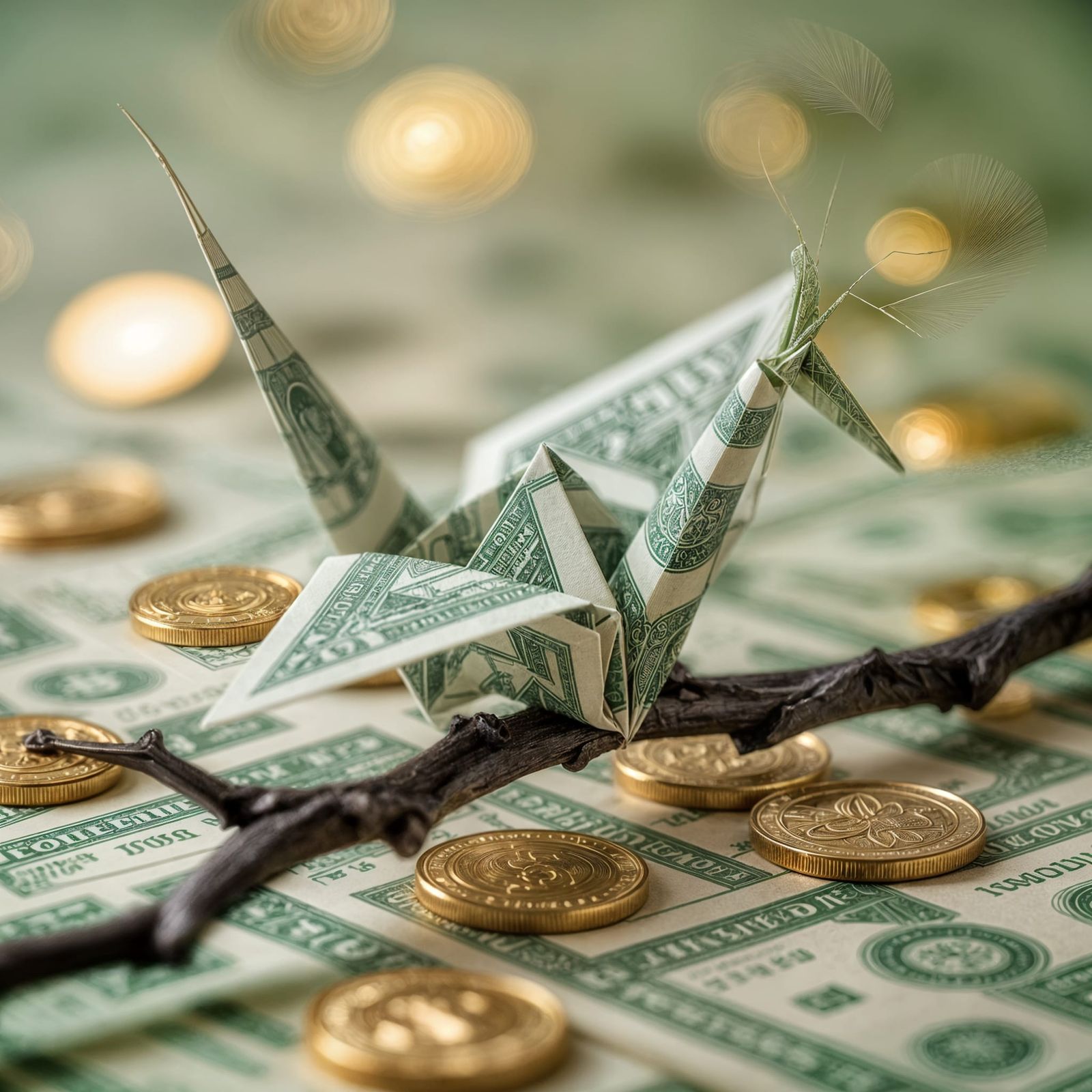 Origami Crane Made of Money on Coin Branch