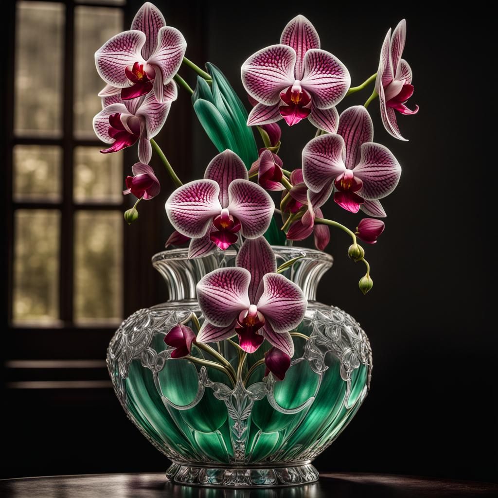 Orchids in Jeweled Crystal Vase, Hyperrealistic