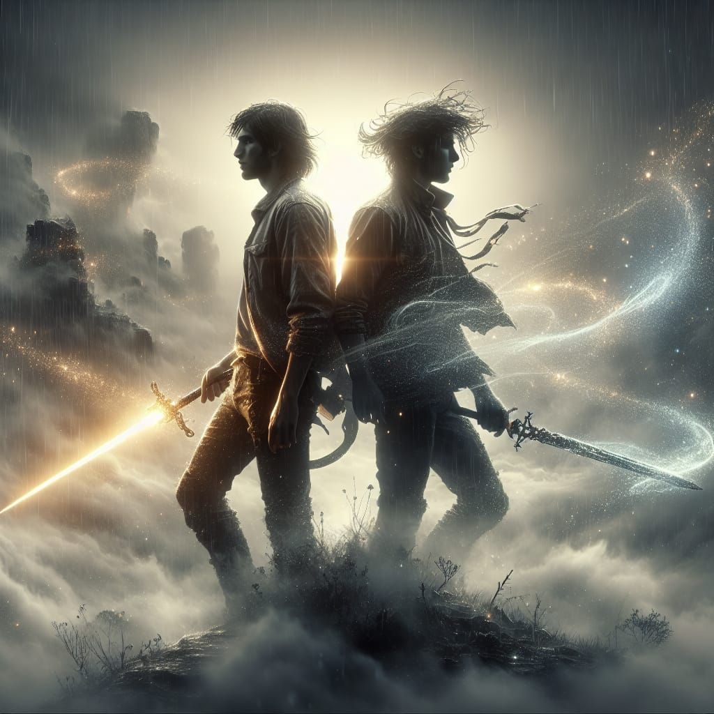 Silhouette of Two Courageous Men in Misty Landscape