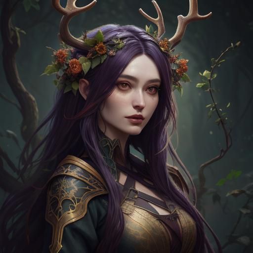 Girl with Vines and Flower Antlers: Fantasy Art