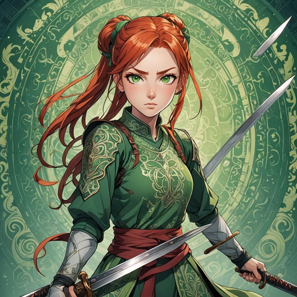 Anime Swordswoman with Red Hair and Green Eyes