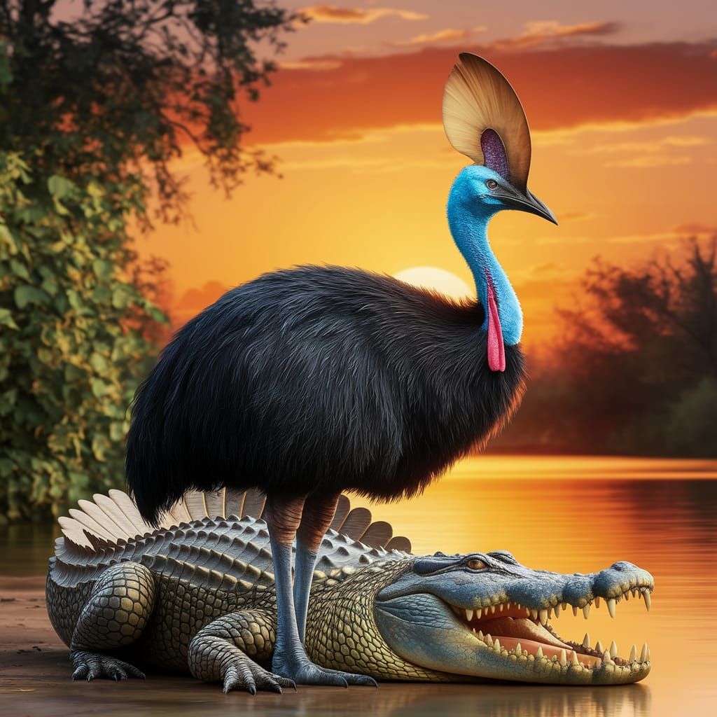 Majestic Cassowary Surrounded by Crocodile in Golden Sunset