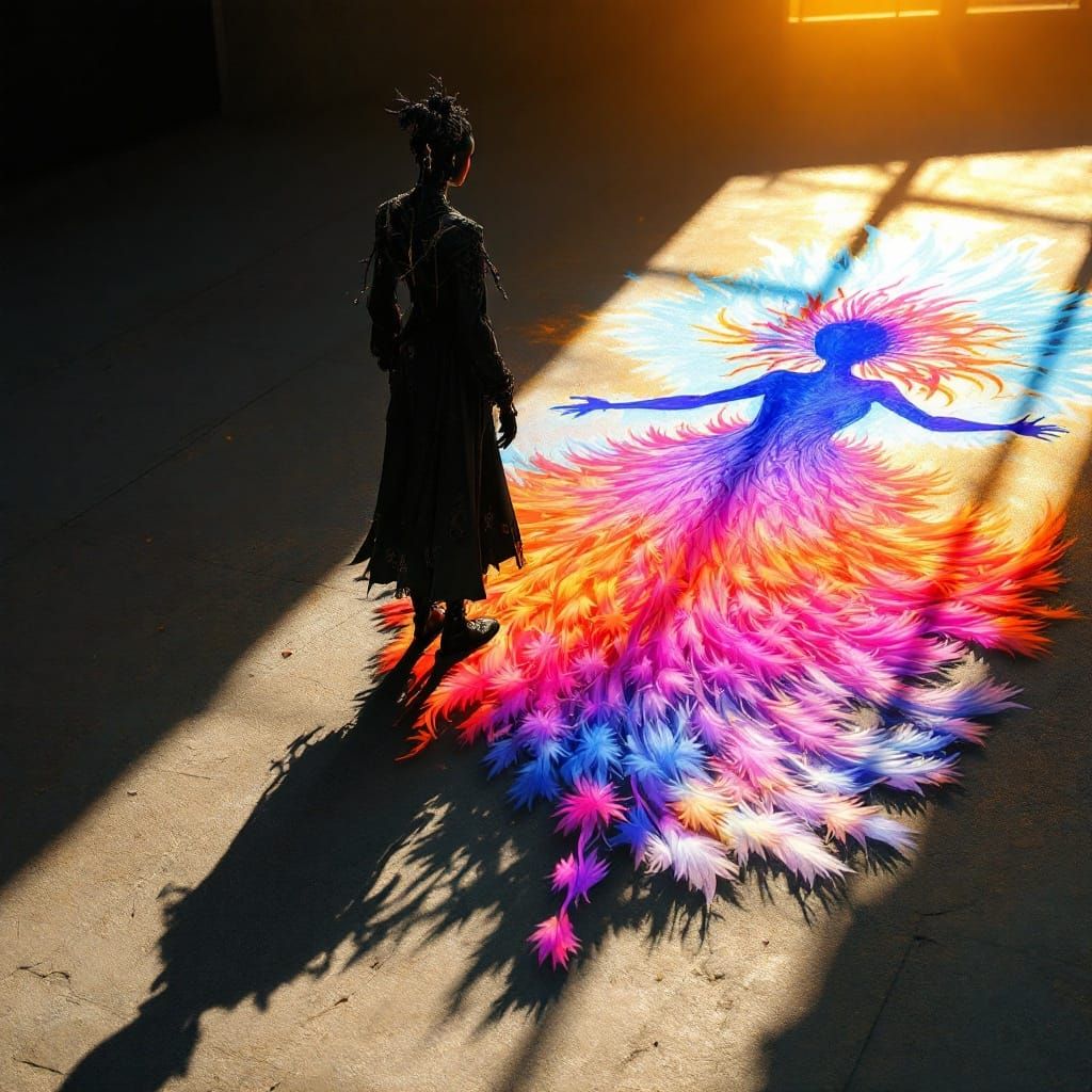 Detailed Figure Casting Colorful Shadow as Digital Art